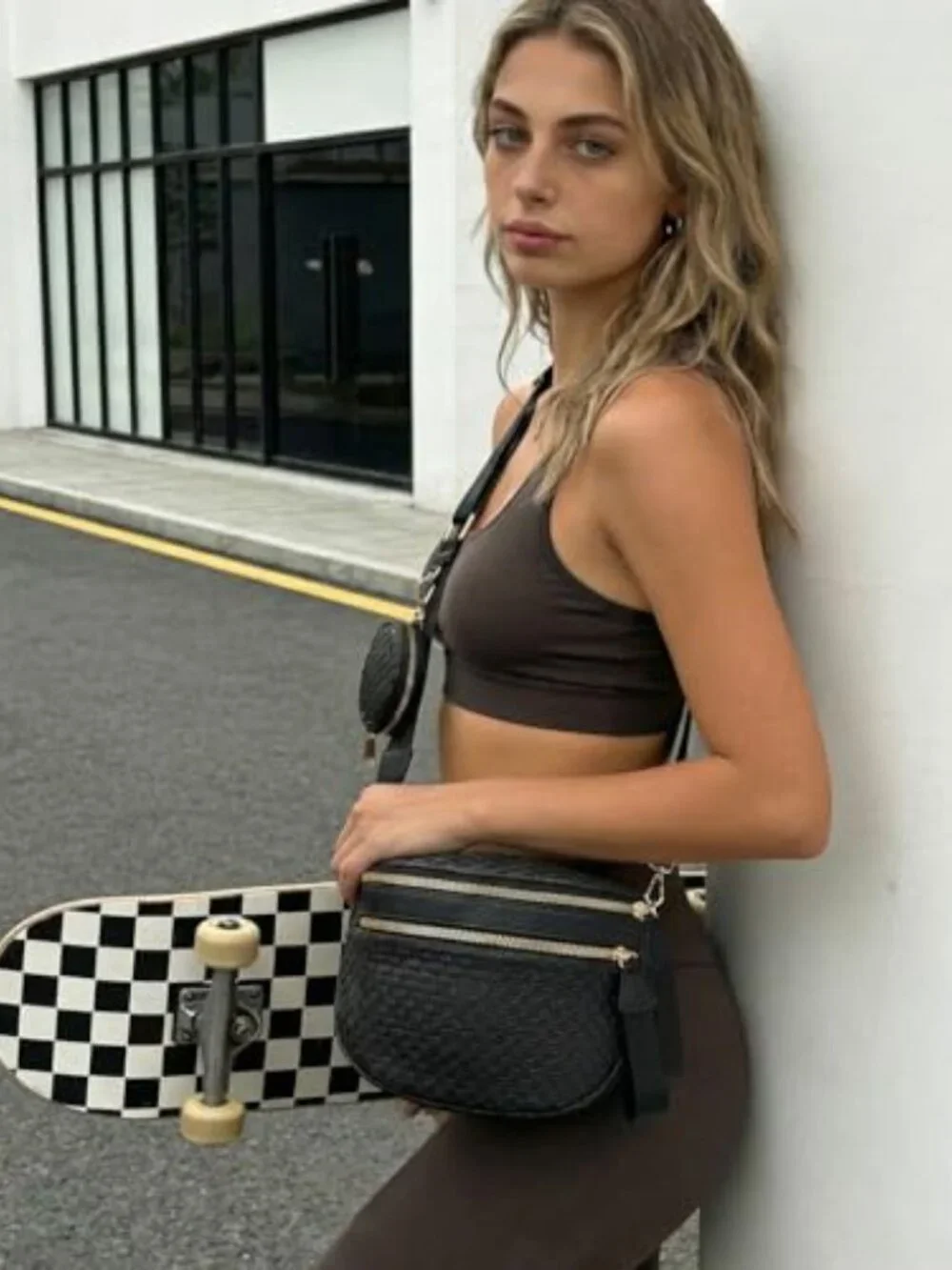 Large Woven Leather Crossbody Bag with Detachable Wallet Adjustable Strap